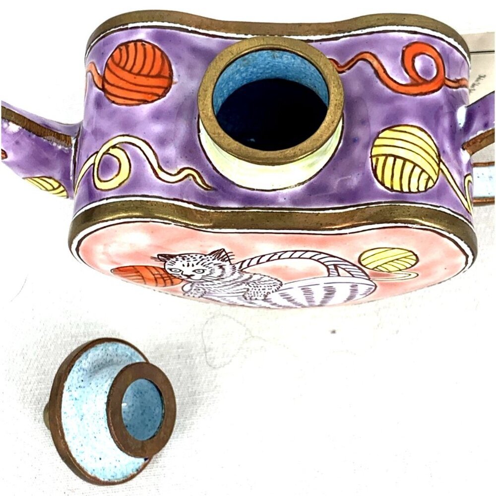 Kevin Chen Miniature Teapot Enamel Hand Painted Cats with Box - Picture 7 of 10